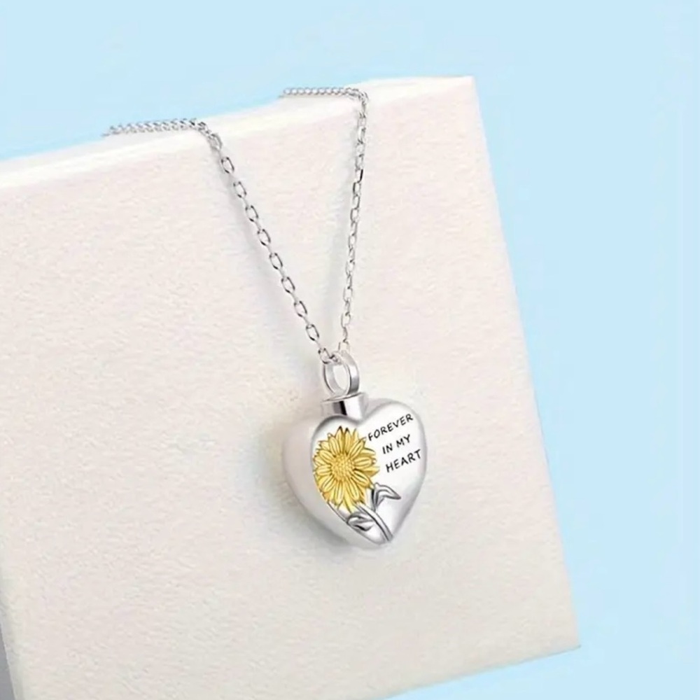 Silver Heart Urn Necklace Pendant Necklace with Yellow Sunflower
